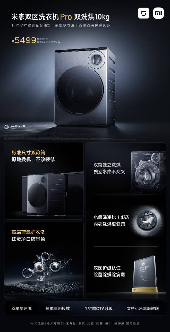 ：标准尺寸双滚筒双洗烘米家双区洗衣机Pro(图2)